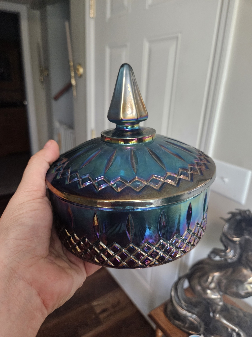 Iridescent Blue Carnival Glass Lidded Candy Jar Indiana Glass Vintage